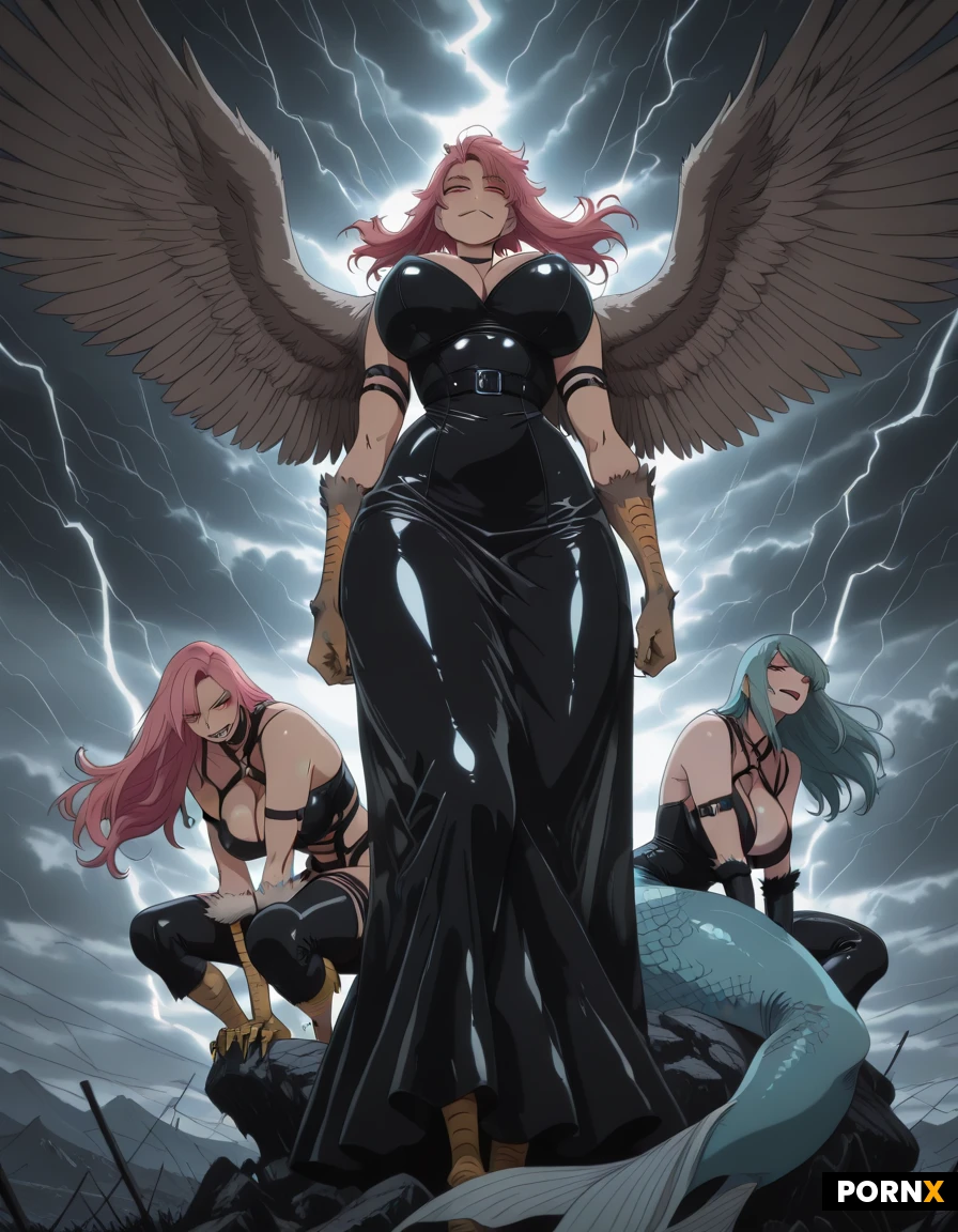 masterpiece, best quality, highres, absurdres, 3girls, harpy, werewolf, mermaid, fantasy, muscular, huge breasts, feathered wings, fur, scales, perched, leather harness, sheer dress, snarling expression, seductive expression, wind-blown hair, storm, battlefield, dramatic lighting, backlight, low angle