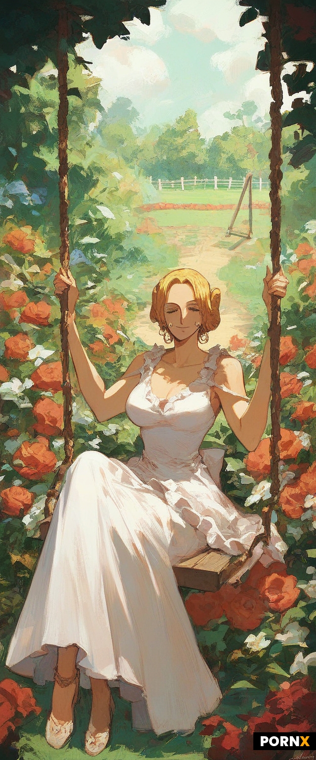 One piece anime style woman sitting on swing in a garden