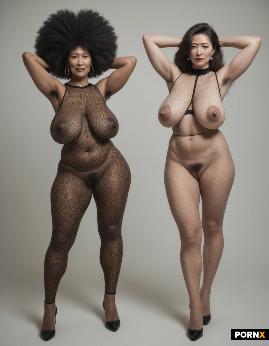 beautiful curvy black woman, big afro, dark skin, huge breasts, thick body, old mother, korean, asian, anal and pussy double dildo, hands behind head, armpit hair, sagging tits, mesh sleeveless thirts