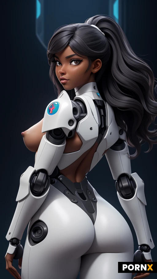 Woman, 25 years old, Persian, black hair, wild hair, long wavy hair, beautiful, (dark skin), Persian, detailed face, athletic, (small breasts), wide hips, small nipples, (futuristic mech armour:1.2), (white armour with black accents:1.2), cyberpunk city, (topless:1.4),thick thighs, (closeup 3/4 body view:1.0), round ass, (naked ass), view from behind, thong