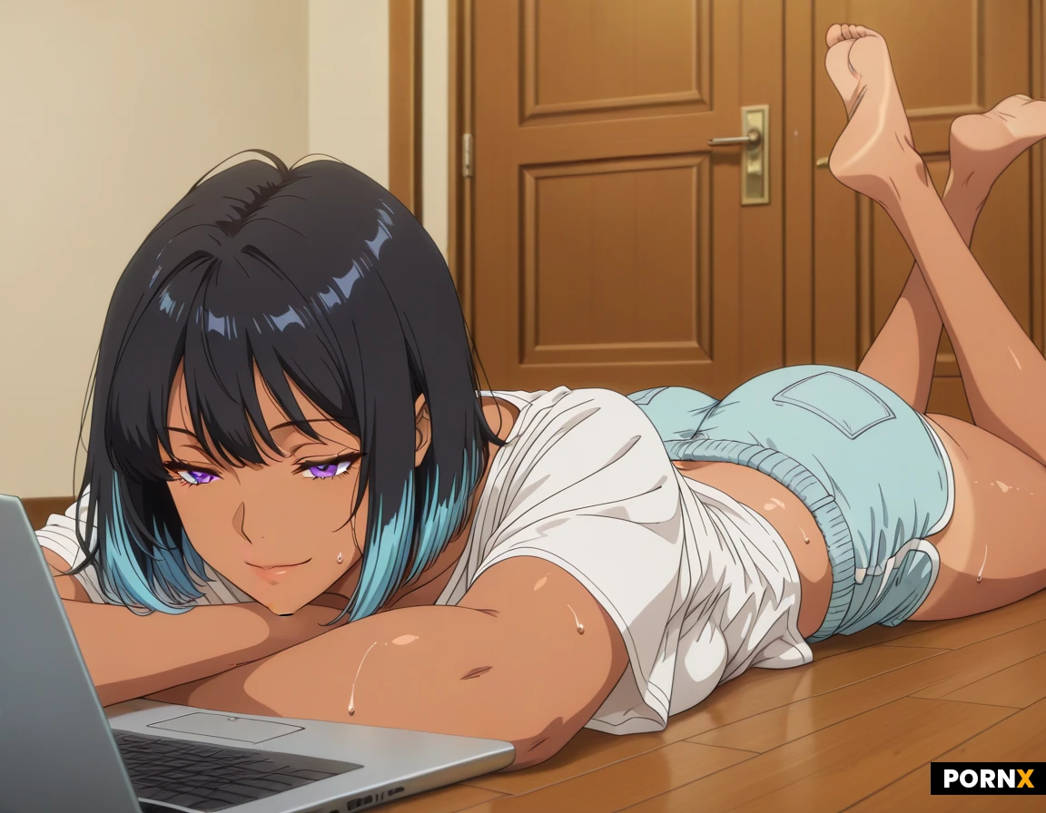 Anime-style of a 22 year old tanned-skinned woman with short black hair with blue tips, purple eyes, soft smile, looking at a laptop, lying on her stomach on the floor with legs bent upward and feet in the air, wearing a loose white t-shirt and light blue shorts, slight sweat on skin, indoor room with wooden floor and door in the background, casual relaxed pose, detailed anime art style, high quality