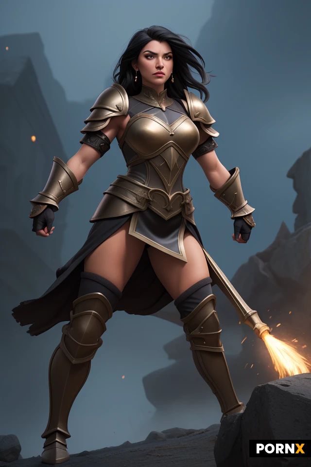 Adult female warrior, athletic and powerful physique with feminine curves, short jet-black hair with slightly messy textured strands, sharp dark eyes, confident and fierce expression, imposing heroic presence, ancient Roman-inspired fantasy armor, elegant but combat-worn bronze and dark steel armor, fitted cuirass, armored shoulder guards, leather straps and detailed metal ornaments, strong bare arms, armored greaves, dark leather skirt with layered plates, large round shield in one hand and a long sword in the other, dynamic combat-ready stance, shield decorated with an original mythological emblem, subtle scratches and signs of, warrior goddess aesthetic, dark fantasy atmosphere, dramatic cinematic lighting, wind moving her hair and clothing, powerful heroic pose, full body, highly detailed anime illustration, professional character design, polished linework, detailed armor, realistic anatomy, fantasy concept art, high quality, striking composition.