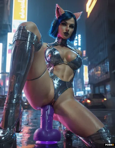 A fierce cyber-punk femme fatale with neon hair