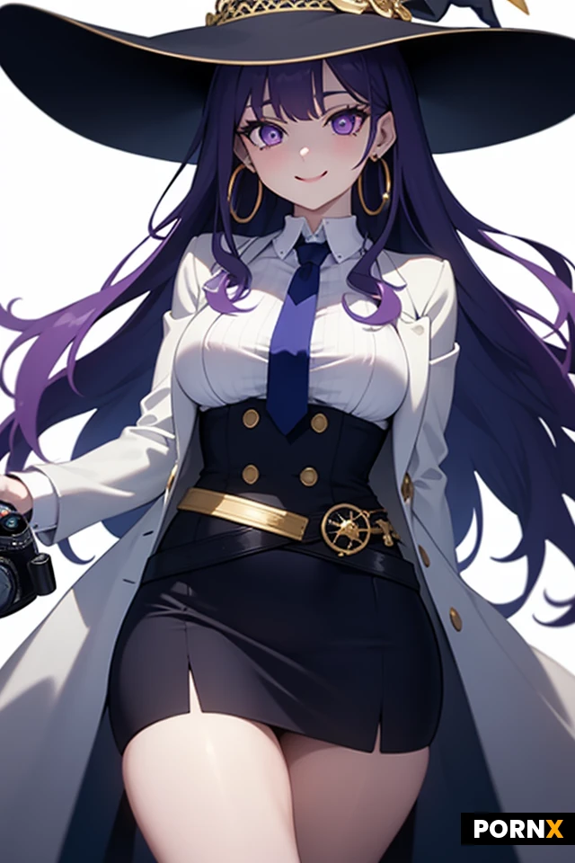 A busty thick,thick thighs,big rounded breast,woman holding a compact futuristic camera near her face, looking at the viewer with a gentle, confident smile. She has long, vibrant purple hair with slight waves, sparkling purple eyes, and double hoop earrings. She is wearing a wide-brimmed dark navy witch-style hat with a geometric patterned underside and gold ribbon accents. Her outfit consists of a crisp white fitted top with black criss-cross lace-up details at the chest, a small necktie, a blue and white coat wrapped around her arms, and a black geometric-patterned skirt with metallic silver ring accents around her waist and thigh. Film strip effects floating in the bright, glowing background, cinematic lighting, ultra-detailed, anime art style, masterpiece, 8k resolution.