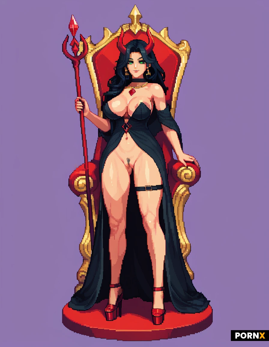 A demon/devil queen seated on a carved stone throne. She has small red horns, long black hair, bright green eyes and a red arrow-tipped tail. 34D breasts. Wearing a long black gown with red cord lacing crossed over the bodice. Legs open, exposed vagina. Red strappy platform heels, and a choker with a red gem. Holding a tall silver trident. Plain purple background.