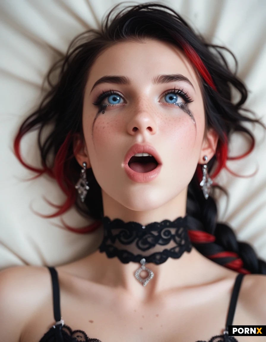 Basic Promt: Prompt Sexy slim model,22 years old,race: scandinavian. skinny,(face:1.9),long black hair with red highlights. braided hair. . blue eyes,big eyes. pale. freckles. goth. Heavily running mascara. Teary eyes. lace gloves. earrings. spike choker. garter belt.
laying on back. Full body shot. Mouth open wide. lace thong.