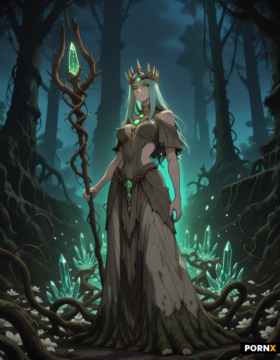 "Terra, the Wild Earth Goddess, a colossal 5-meter-tall figure with a body made of living stone, moss, and glowing roots. Her skin is cracked earth with veins of bioluminescent green and gold, her hair a tangle of giant ferns, vines, and night-blooming flowers. She has piercing emerald eyes, a crown of ancient oak branches, and wields a staff topped with a glowing crystal. Style: Dark fantasy epic, inspired by Dark Souls, hyper-detailed, cinematic lighting, 8K.