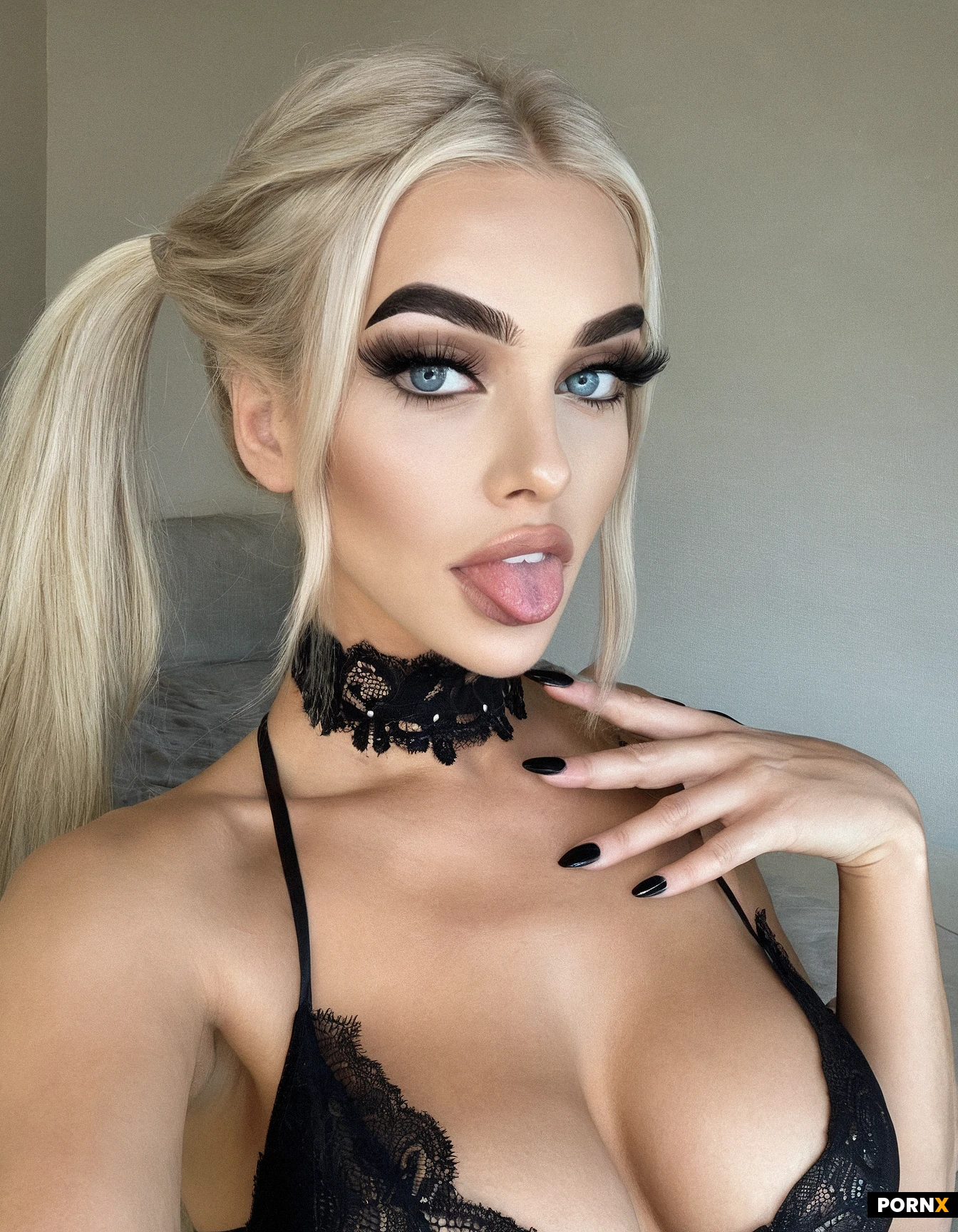 masterpiece, best quality, highres, absurdres, 1girl, solo, thin, slender, fit, beautiful_face, pigtails, blue_eyes, big_eyes, pink_lips, big_lips, oil, lingerie, black_nails, tanned_skin, thick_eyebrows, choker, teasing, arab, selfie, tongue_out, closeup