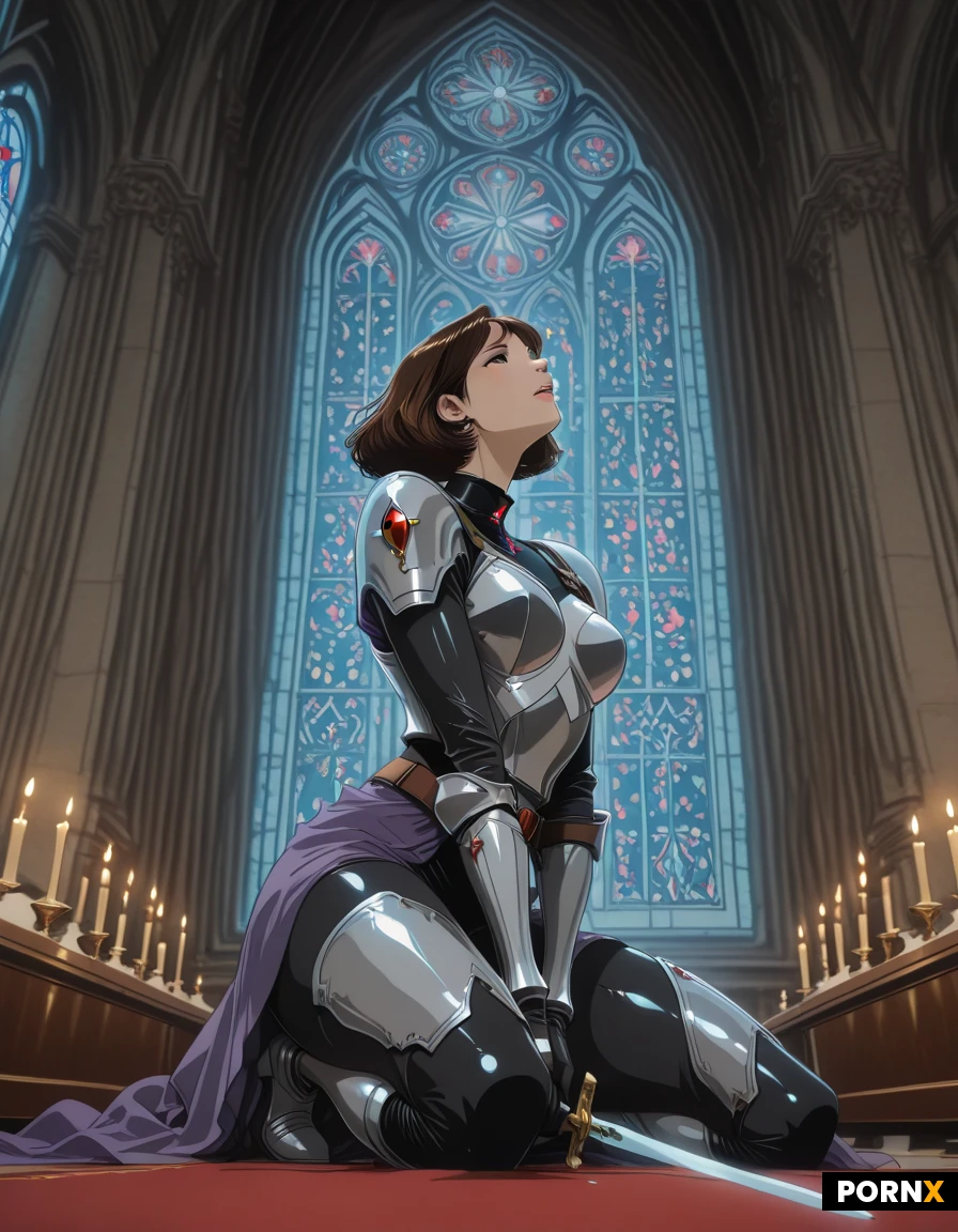 high definition, super realistic, pretty woman knight kneeling on the church carpet, wearing tight armor, holding a sword in front of her, the sword tip is stucked in ground, wide light beam is shinning to the sword and woman's face, background, elegant church, stained glass window, candles, detailed face, detailed background, cinematic light, close up view dynamic angle