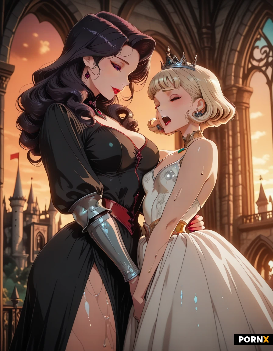 Scene:
2 women, Fantasy medieval castle, evening time, romantic mood, height difference
Character 1 — Princess:
women, short, slim blonde girl with slightly curled hair ends, small breast, wearing a luxurious one-piece royal dress, elegant and refined, princess appearance, very small stature, small build, 20 year old, youthful face, compact frame, lust, moaning on the edge of orgasm
Character 2 — Knight:
Women, 30 year old, tall, muscular, lean woman, MILF, wearing chainmail armor, strong and athletic build, brunette short hair
Action:
Princess teases knight, fisting, wet legs
Style:
beautiful textures, emotional intimacy, rich fabric details.