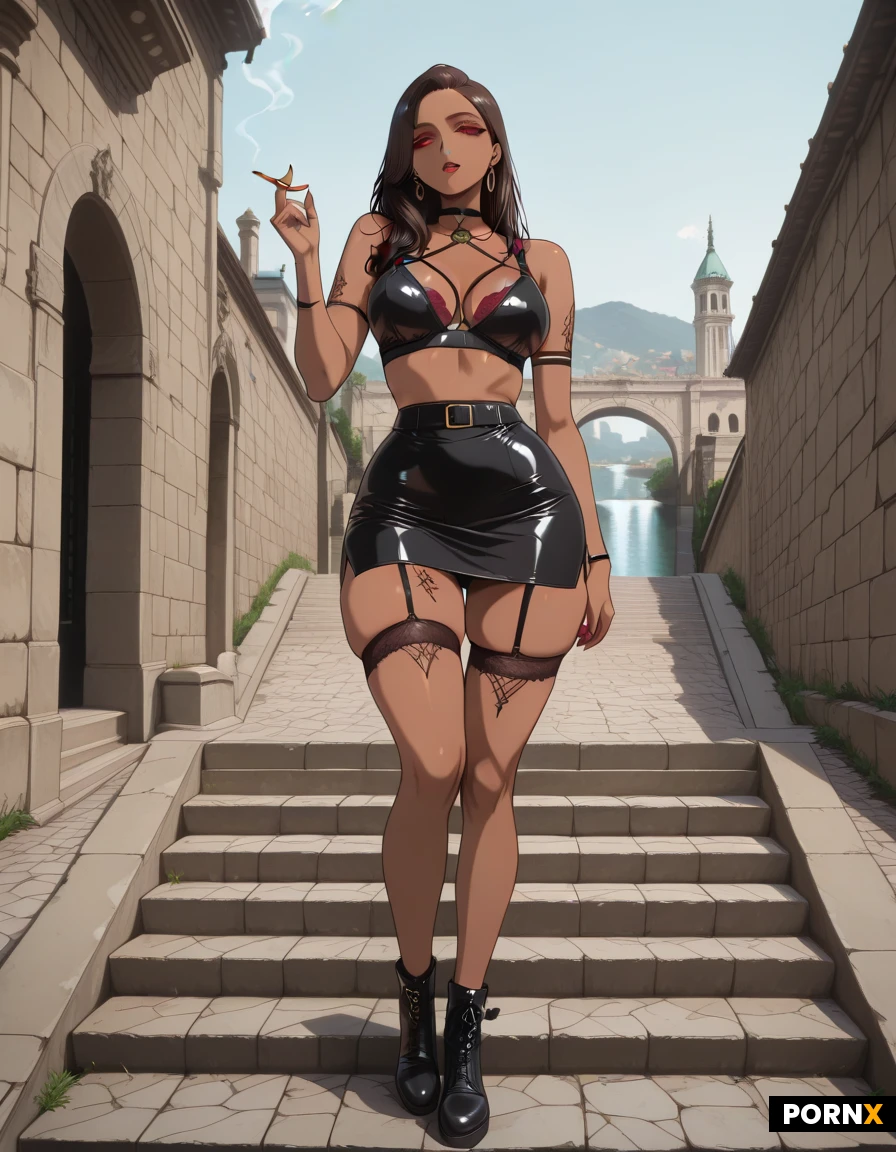 Youthful Adult Cute African Woman, Brunette hair in dreadlocks, full lips, deep ebony complexion, dark makeup, athletic physique, small waist, wide hips, thick toned thighs, leather red bra Top, tight red leather miniskirt, black leather ankle boots, large eye of horus symbol tattooed on both her thighs, woman standing seductively holding a lit cigarette, on steps of the stone steps of Sacré-Cœur Basilica, water canal in background, front view, full body portrait, extremely well detailed,