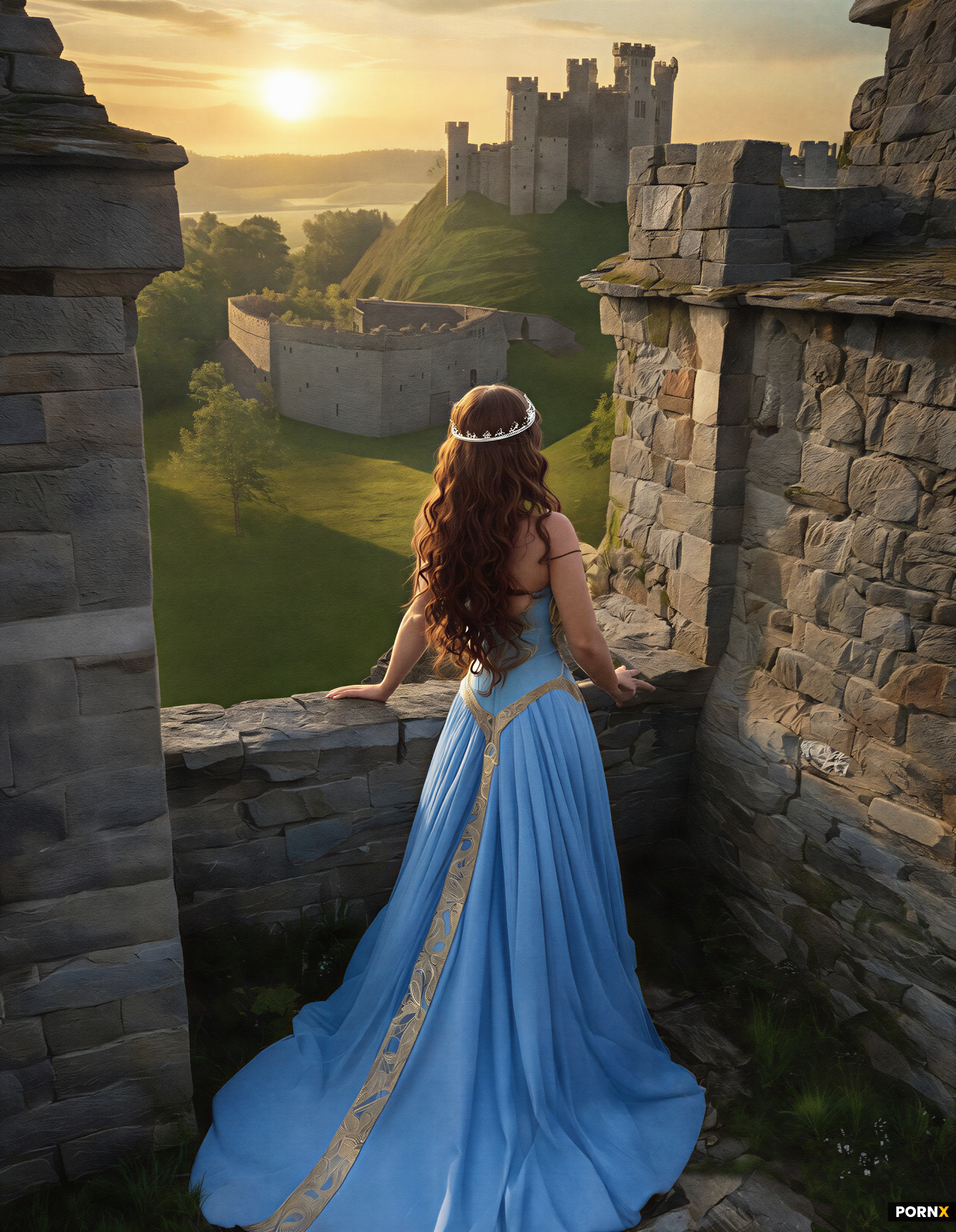 A medieval princess looks out over the stone castle wall