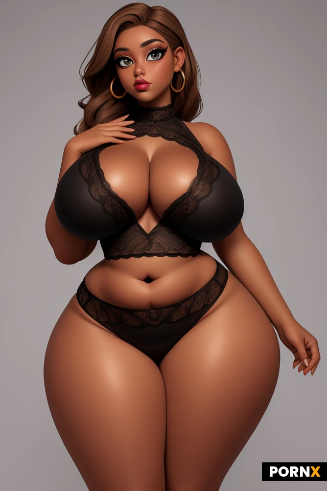 woman, dark skin, light brown hair, blonde highlights, lots of makeup, thick black eyeliner, huge lips, thick lips, earrings, mature, (thick thighs:1.2), (curvy:1.5), (thick:1.25), (voluptuous:1.25), (enormous breasts:1.35), tight, firm, perky, (wide hips:1.5), (narrow waist:1.35), amber eyes, lipstick, lace, sexy pose