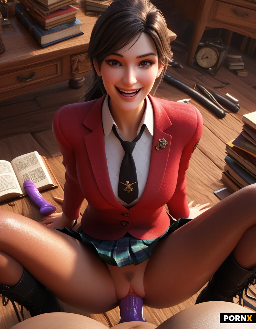 high definition, super realistic, pretty white woman, 20s, pretty face, dark hair, cute face bangs and ponytail hairstyle, red blazer, light white structured lapel shirt with black ties, (dark brown plaid pleated front skirt, skirt lifted up :1.3), (thin dark pantyhose:1.3), boots, black knee high leather boots, squat position with leg widely spread, look at viewer, (medium dildo is in her pussy, vaginal penetration :1.3), joyful smile expression, background, old fashioned reading room, book shelf, table lamp, books and notebook on table, detailed face, detailed eyes, close up view, dynamic angle,