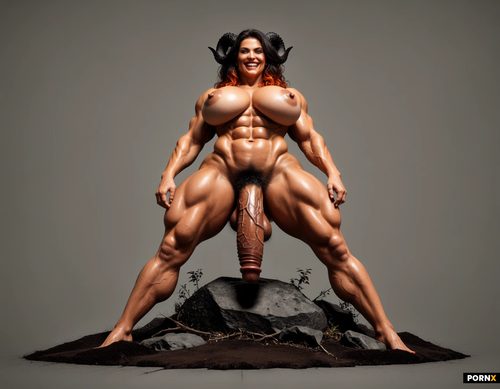 A towering, unapologetically nude demonic shemale woman stands on black stone floor, her massive torpedo-shaped tits thrust forward, razor-sharp teeth, grinning evilly, while a 13-inch, rock-hard, dark-red scaled penis-veiny, four inches wide at the base and 3.7 inches at the shaft-hangs prominently between heavy, plump testicles, cockhead-shaped nipples, all covered in glistening, scarlet reptilian scales that ripple across her face and entire body, horns curving slightly forward from her forehead, and a tight, flat belly showcasing ultra-defined, vascular abs and extreme muscular definition in arms and legs; black, curly, trimmed pubic hair frames the base of her cocks shaft as she arches her hips, hands planted defiantly on them, tilting her head with an inviting, evil smile that beckons the viewer closer. A massive, smoky fire rages twenty feet behind her, casting flickering orange-red light that accentuates the glossy texture of her scaled skin and creates dramatic soft rim lighting around her silhouette. The composition is captured from a low, slightly worm-eye angle, using shallow depth of field to keep the demon sharply in focus while the background flames blur into a fiery haze, evoking a cinematic, hyper-realistic digital painting style with ultra-high detail and vivid color saturation.