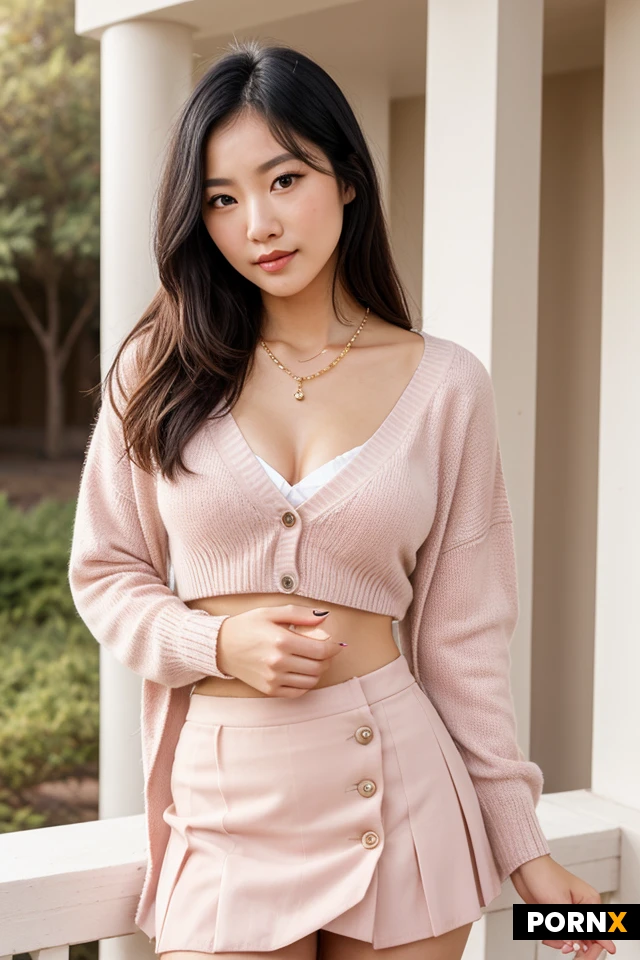 Beautiful Japanese/Korean woman with soft smile looking at camera, long straight black hair parted in the middle, fair smooth skin, wearing light pink cropped knit cardigan with buttons, brown high-waisted pleated mini skirt, thin delicate necklace, left hand raised in peace sign, one hand resting on the other woman’s shoulder, natural soft indoor lighting, photorealistic, high detail, sharp focus, cute casual pose
Negative Prompt:
deformed, bad anatomy, extra limbs, extra fingers, mutated hands, poorly drawn face, blurry, lowres, watermark, text, cartoon, anime, plastic skin, western features, short hair, blonde hair, heavy makeup, wrong clothing colors, formal wear, outdoor setting, harsh shadows, low quality, asymmetric face