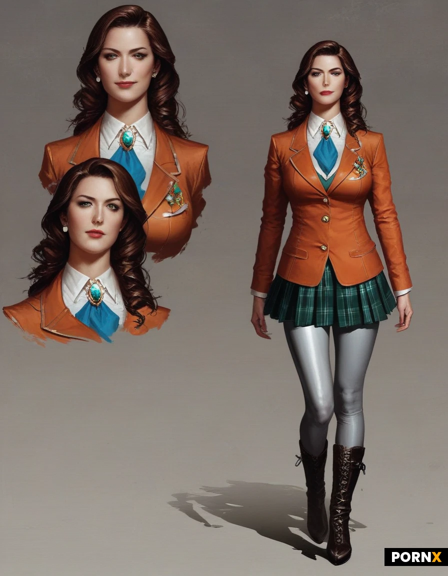 high definition, super realistic, pretty woman, 20s, pretty face, chin-length bob hairstyle with soft bangs framing the face, orange blazer, structured lapel jacket with light grey topstitching accent details along the seams. golden-yellow, ribbed, and sleeveless.Skort: Green plaid pleated front skirt that functions as a skort for action mobility, Silky, lightweight satin scarf in gradient shades of pink and peach.Brooch: Silver floral-cluster pin featuring small pearl drops pinned to the lapel, Opaque dark grey tights or fine knit leggings.Boots, Slouchy, flat brown leather mid-calf boots with a worn texture.