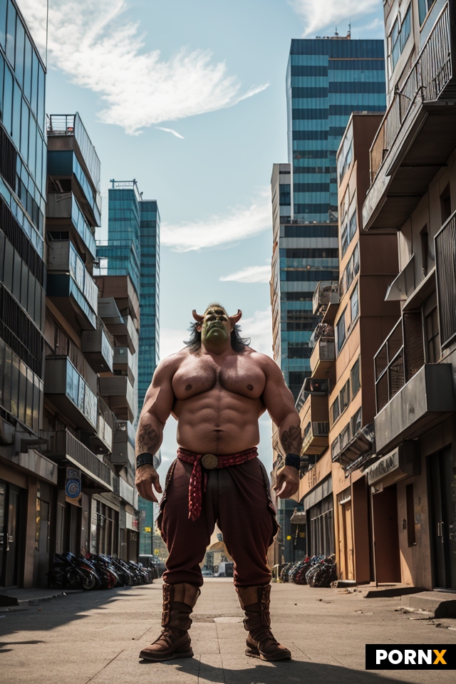 cool male ogre standing outside in city near buildings