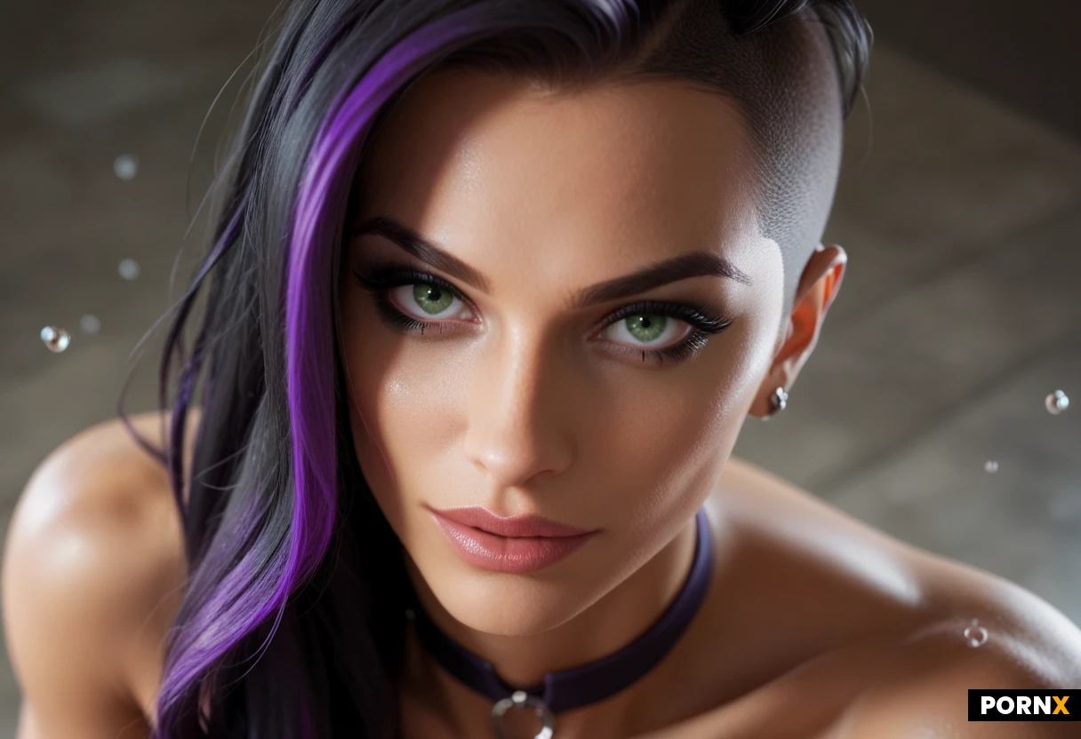 she is very seductive, flirtatious, view from above,(extreme closeup face portrait),beautiful woman,very long thick black hair: 1.5,(long thick purple highlights: 1.6),sidecut,seductive green eyes: 1.5,heavy black eyeshadow makeup: 1.5,dark tanned skin: 1.3,very sly seductive smirk,choker,water dripping from her lips and chin,nude cleavage,water droplets on her breasts, attractive pointed nose,