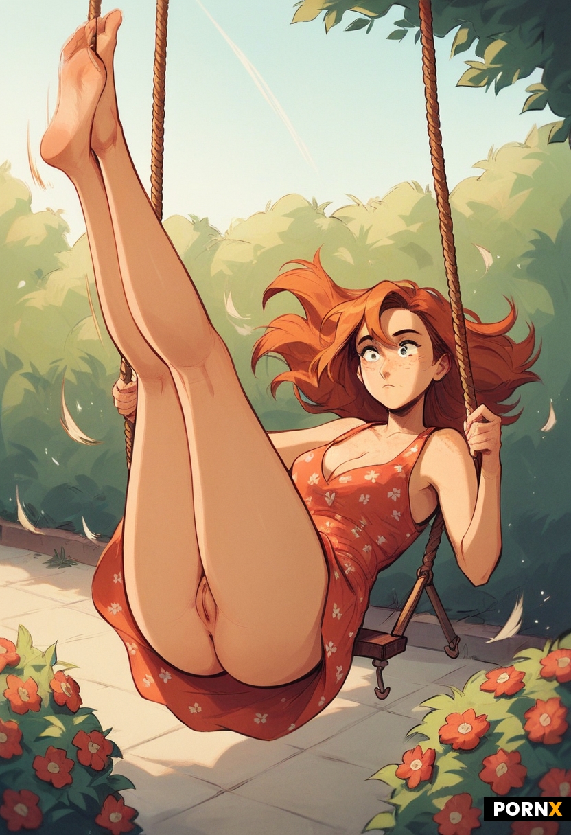 cute freckled 21yo woman in a sleeveless patterned summer dress