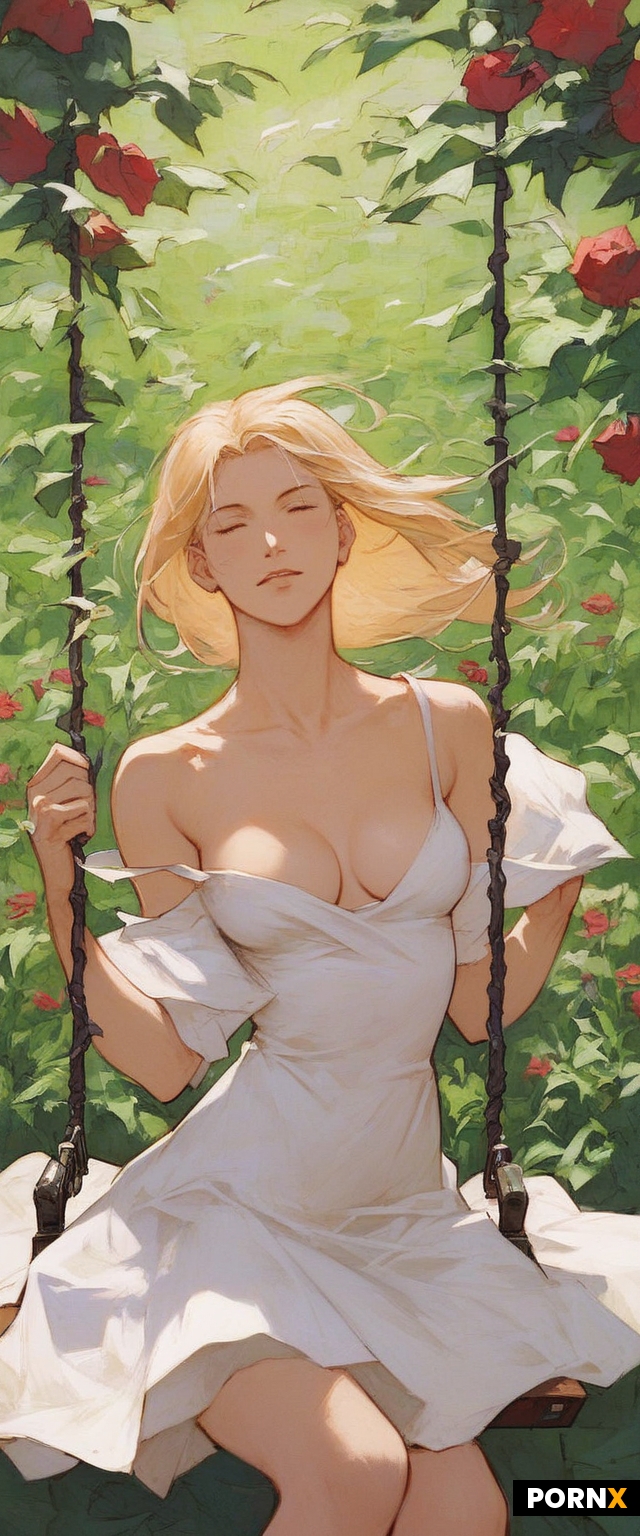 Fate stay night anime style woman sitting on swing in a garden