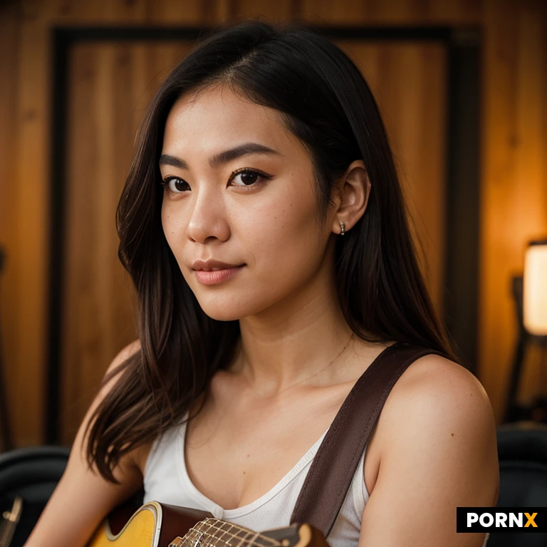 Photorealistic portrait of a Asian woman standing in a cozy wood-paneled rehearsal room with an American flag backdrop, centered composition, eye-level, medium full-body portrait, subject placing on middle left of the frame. She wears a simple white cropped tank top, she is holding and posing like a Rockstar solo move on a red-to-amber sunburst electric guitar with one hand on the fretboard and the other near the bridge, she is holding up a guitar as high as her chest level, neck and head of guitar pulling up nearly touching her face, her left leg is stretching to the right of image and placing her left foot over a black fender amplifier on the bottom right corner of the frame. Long dark hair loose over her shoulders, neutral smile like a rock Star expression, natural makeup, smooth skin with subtle highlights and pores. Warm, cinematic studio lighting with soft shadows and pleasing specular highlights, shallow depth of field, creamy bokeh, detailed textures on wood, fabric, metal hardware and guitar finish. Include nearby amp and microphone stand out of focus, realistic color grading, high detail, 8k photoreal clarity, film grain, soft contrast, natural skin tones, crisp eyes, sharp focus on face and hands, moody yet inviting atmosphere.