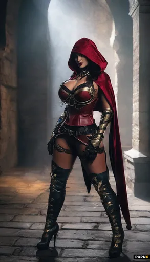 A slim and very busty adult fantasy rouge woman with slim firm fit ass in trousers