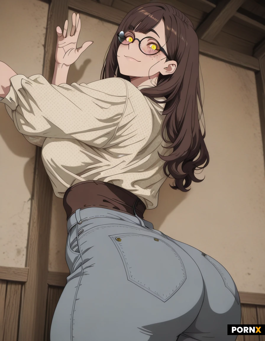 A full-body digital illustration of a cheerful, plus-size adult woman with a robust, curvy figure, thick thighs, and a broad torso. She has fair skin with freckles scattered across her face, shoulders, and arms. Her face is broad and rounded, featuring large, expressive honey-colored eyes, delicate eyebrows, and large, round black-framed glasses. She wears a distinctive, slightly awkward smile that reveals metal braces with small brackets, accompanied by a soft, natural flush on her cheeks. Her hair is dark brown—voluminous, thick, and slightly wavy—reaching the middle of her back, with loose strands framing her face and long, uneven bangs. She is dressed in a golden-yellow blouse featuring a pattern of large, light-gray polka dots, paired with high-waisted jeans that show natural creases and fabric texture. The art style is modern Western 2D anime, characterized by clean, organic lines, well-defined outlines, and soft cel-shading blended with digital painting. The lighting is warm and vibrant with soft pastel tones, featuring hand-drawn highlights and a subtle painterly texture. The composition is a vertical full-body shot set against a simple, well-lit background, focusing on the character's friendly expression and stylized anatomy.