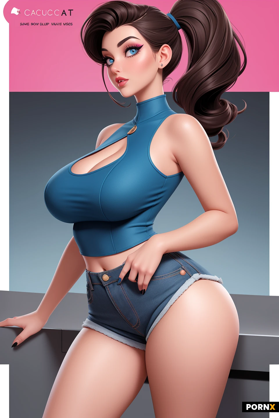 Premium western adult comic book illustration, highly detailed 2D digital comic art, bold black ink outlines, sophisticated glossy cel shading, smooth gradient shadows, luminous skin highlights, vibrant rich colors.
Beautiful 30-year-old Caucasian brunette bimbo, long voluminous dark brown hair in two high ponytails, bright blue eyes, very large expressive eyes, long thick eyelashes, soft rounded feminine face, tiny nose, extremely full glossy pink lips, glamorous makeup, innocent yet flirtatious facial expression.
Extremely exaggerated voluptuous comic book hourglass figure, gigantic rounded bust, dramatically narrow waist, very wide rounded hips, thick soft curvy thighs, slender lower legs, long elegant feminine silhouette, exaggerated pin-up proportions, soft feminine anatomy, no muscular bodybuilder appearance.
Wearing a tight low-cut red sleeveless crop top with white trim, very short blue denim shorts, fashionable high heels.
Three-quarter full body view, standing in a modern kitchen, slightly leaning forward, shoulders gently drawn back, detailed illustrated skin reflections, expressive character design.
High-end western pin-up comic artwork, polished hand-drawn appearance, detailed shading and highlights, glossy comic book coloring, clean sharp outlines, beautiful exaggerated feminine proportions, not photorealistic, not 3D, not anime.