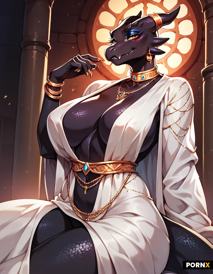 Busty,Curvy,Seductive,Voluptuous,Platinum Robe,Gold Jewelry,Kobold,Black Scales