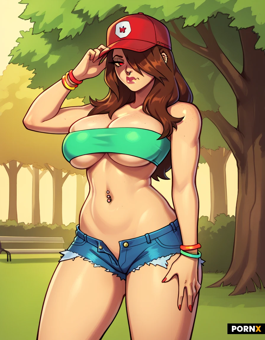 female, slim body, avarge boobs, long straight brown hair, hair covering one eye, red baseball cap, red eyes, makeup, eyelashes, nose piercing, freckles, bored face, neon green tube top, cleavage, underboob, belly out, navel piercing, denim shorts, denim shorts down, colorful bracelets, standing, grabbing her own boobs, park