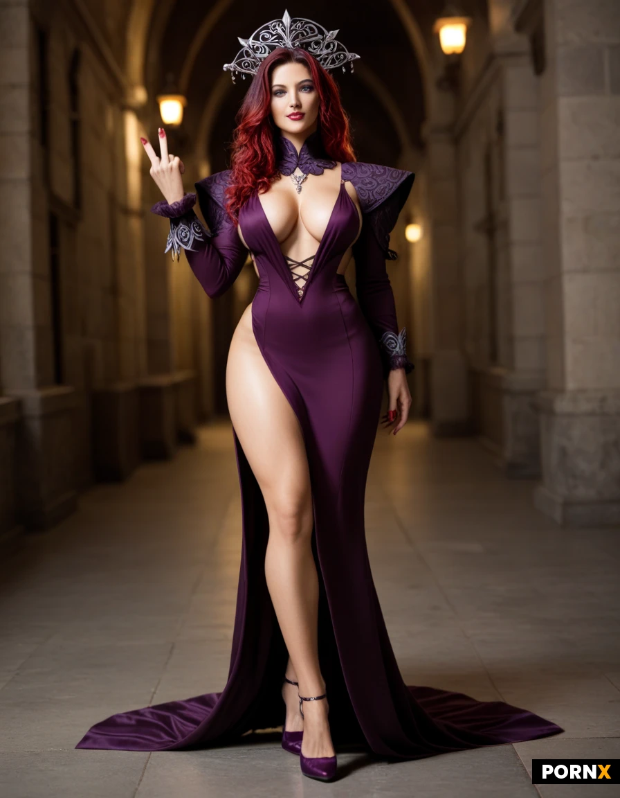 A stunning adult woman with a swallow-tail butterfly motif dominates the frame, her crimson insect-like eyes glowing intensely as she gazes seductively toward the camera; her long, shapely legs are fully exposed beneath a sleek, plunging purple dress that splits open from the waist to mid-thigh, revealing smooth skin and glistening thigh-high purple stiletto heels crowned with tiny spikes and delicate butterfly embellishments. She wears sharp, pointed purple shoulder pads and crisscrossing violet straps that hug her decolletage, while her arms are adorned with ribbed purple cuffs that fasten around the middle fingers, each hand capped with bright red, razor-sharp nails and red metal spikes jutting from the knuckles, plus intricate butterfly ornaments perched on her palms. A massive, iridescent butterfly headdress sits perfectly atop her head, its wings fanned outward, complemented by golden filigree accents resting on her forehead, and a subtle halo of soft rim lighting highlights the glossy textures of her costume against a dark, moody cyber-gothic alley bathed in misty neon violet and pink glows. Shot from a low, slightly tilted angle with shallow depth of field, the image captures the vivid contrast of her vivid makeup, the gleam of her high heels, and the sensual tension of her pose, rendered in ultra-realistic 8K cinematic style.