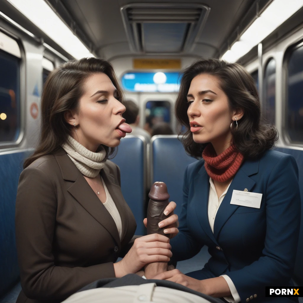 beautiful mature woman, dark hair in space buns, tanned olive skin, large natural breasts, two women sharing one penis, double blowjob, pov, sexy stewardess uniform, tight blazer, pencil skirt, neck scarf, cap, subway train car, empty seats, night, fluorescent light, hyper-realistic,ultra-close-up,milf is sitting,gives a handjob,saliva,tongue,handjob,black cock,africain clothed man stanging up,cock close to her face,handbag,