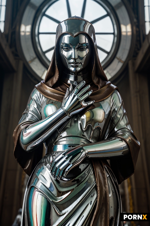 tarnished chrome statue of nun with flowing robes and hands clasped in prayer