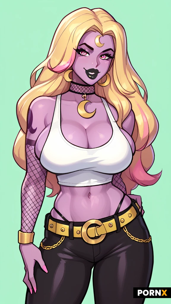 one woman, purple skin, standing long hair, straight hair, curtain hairstyle, blonde hair with pink highlights at the tips, green sclera, big eyes, pink eyes, big lips, black lipstick, seductive smile, big breasts, side boob, cleavage, midriff, fit, cumgutters, skinny, crescent moon tattoo on forehead, fishnet choker, white tank top, fishnet sleeve with gold bands, high waisted black g-string, low waist black pants with a belt loop, simple background