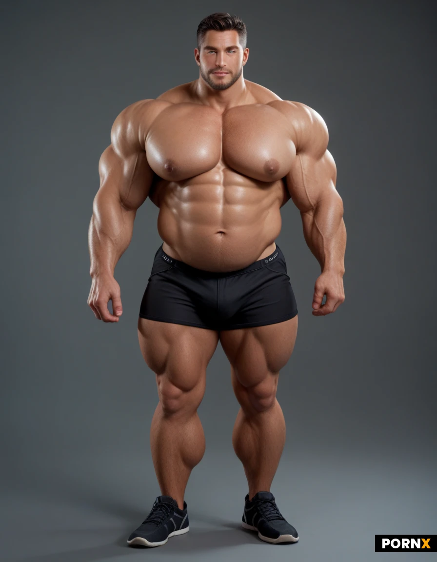 A handsome extremely bulky East Asian man with thick stubble, bulging muscular arms and shoulders, high body fat, he MUST have huge round full bulging insanely gigantic pecs, big thick thighs and calves, short stylish black hair, and tan olive skin, he MUST feature a colossal insanely huge round spherical protruding bulging bloated stuffed belly, standing full body visible in a confident relaxed pose, wearing minimal tight dark shorts, studio photography with dramatic lighting and a dark gray backdrop, rim light sculpting the muscular contours and prominent round belly, hyperrealistic skin detail, sharp focus, highly detailed 8K UHD.