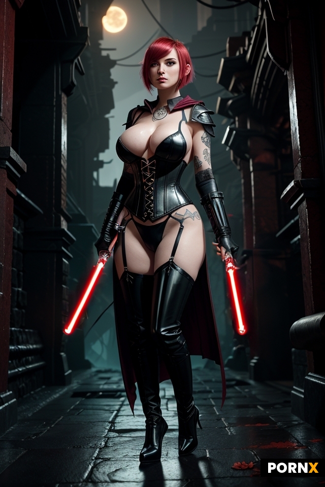 add a lightsaber to each forearm that is attached to a lightsaber hilt with red blade