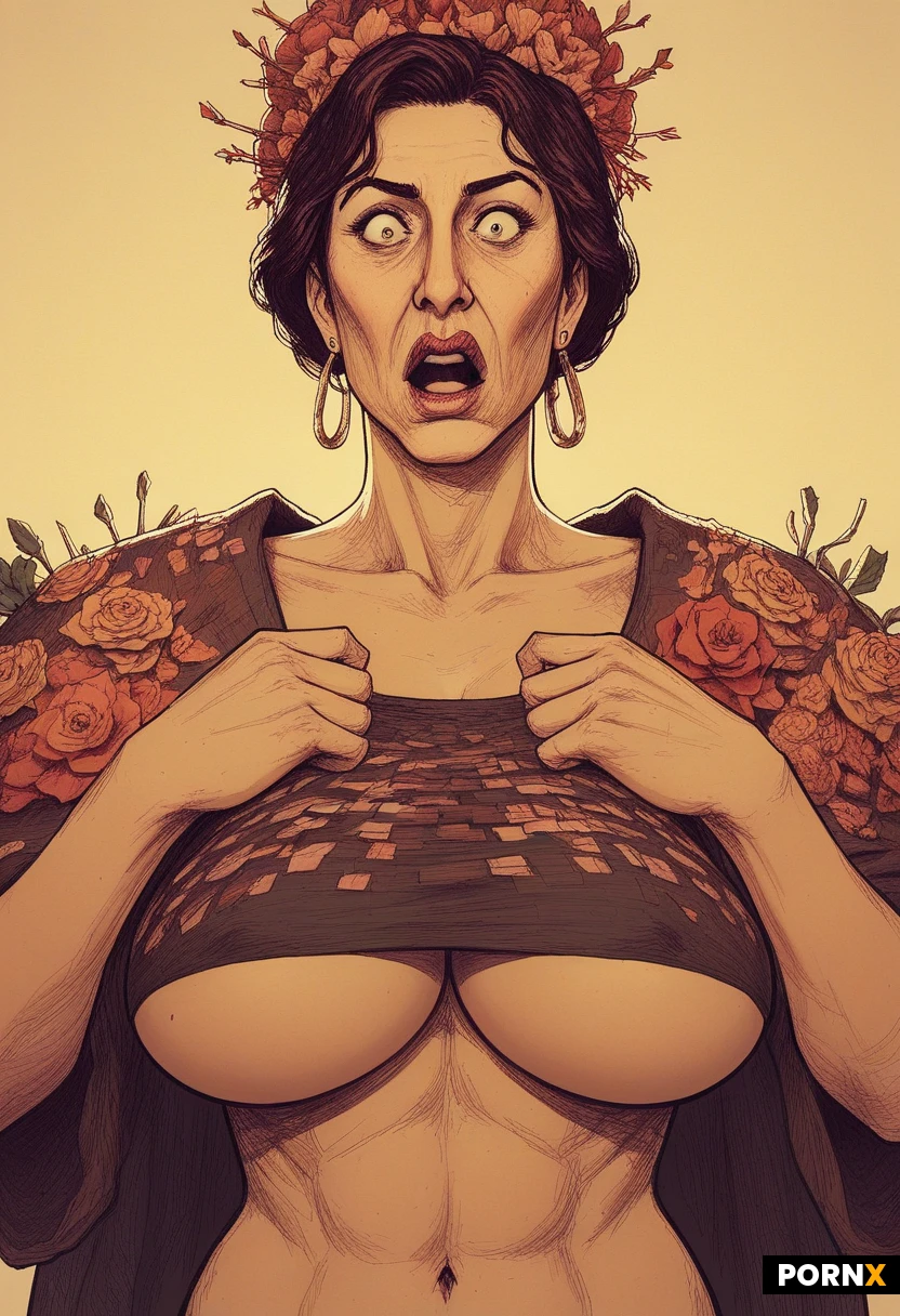 masterpiece, best quality, highres, absurdres, turkish_mom, close_up_portrait, looking_at_viewer, shocked_expression, huge_breasts_squeezed_together, pink_underboob_crop_top, dim_lighting