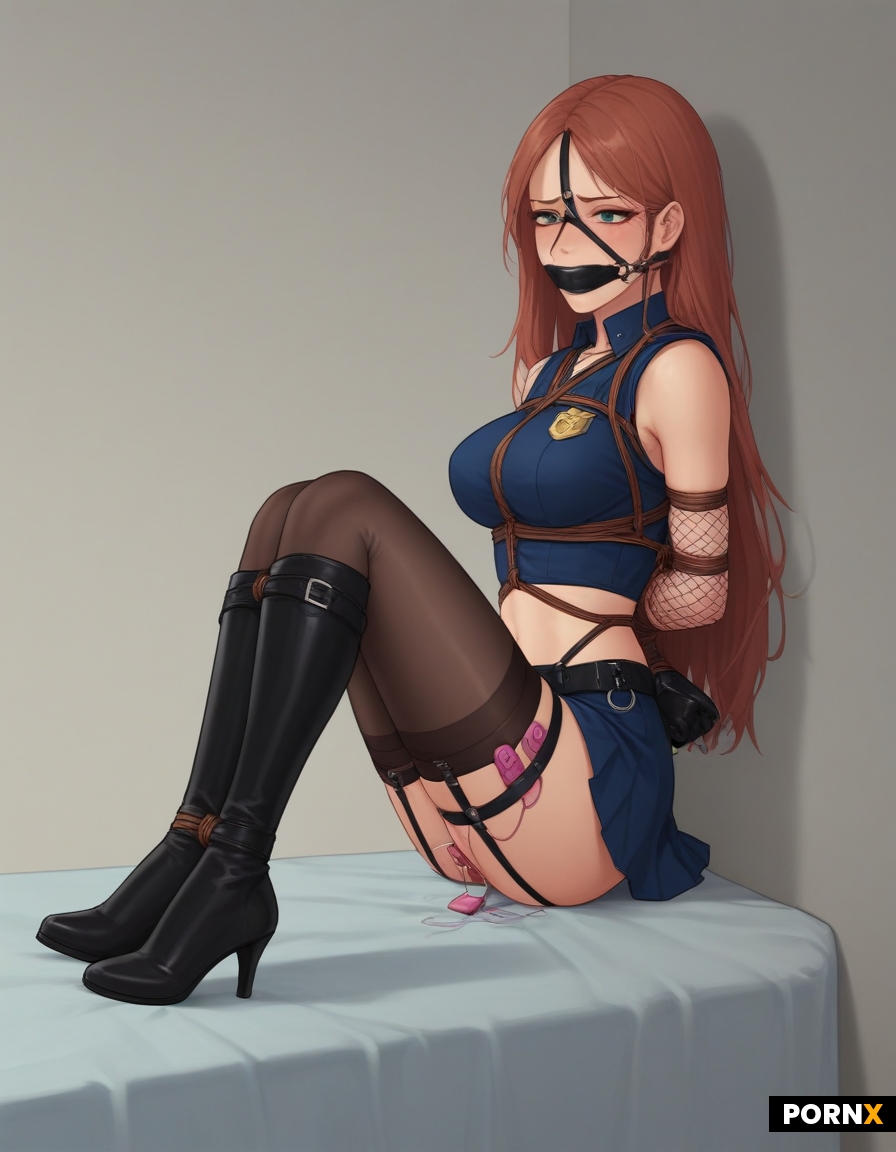 tied up wearing high heeled thigh high boots