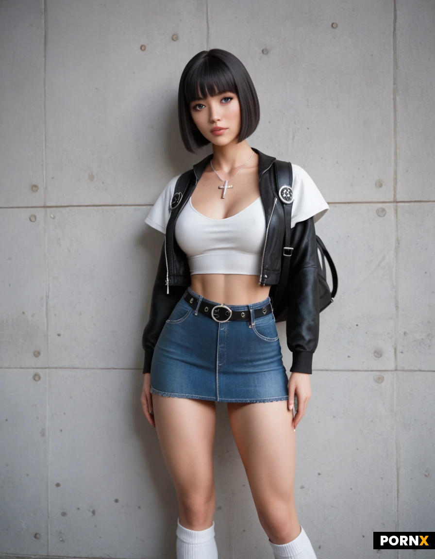 1girl, solo, young-woman, alt fashion, pale porcelain skin, flawless smooth skin, short straight black hair, blunt-bangs, bob cut, large detailed eyes, sharp jawline, slim waist, hourglass body proportions, voluptuous bust, wearing black zip-up athletic jacket, white trim, silver cross necklace, dark denim mini skirt, wide double-prong grommet belt, knee-high socks, black backpack with plush toy dangling. Background of geometric 3D white and grey textured wall panels, flash photography, sharp focus, cinematic lighting.
