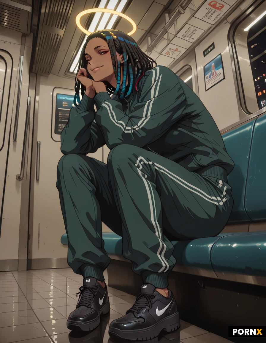 An athletic African American man, exactly eighteen years old, with thick dreadlocks cascading to his shoulders and a confident, slightly mischievous smile, stands poised on a polished platform inside New York's Canal Street train station; his slender yet muscular physique is accentuated by a sleek black Nike tracksuit, the iconic swoosh subtly glinting under the station lights. He faces sideways, one hand gripping the edge of the platform rail while the other rests casually on his thigh, his head turned toward an incoming train that blurs into motion behind him. Soft rim lighting from the overhead fluorescents creates a subtle halo around his silhouette, while the ambient glow of the station's digital signage adds a cool, urban neon wash. The camera captures a low-angle, shallow-depth-of-field shot that frames him from the knees up, emphasizing the detailed texture of the tracksuit fabric and the reflective tiles of the platform, set against the bustling, graffiti-streaked backdrop of the subway environment. The overall style blends hyper-realistic photography with cinematic lighting, delivering an ultra-detailed, immersive urban scene.