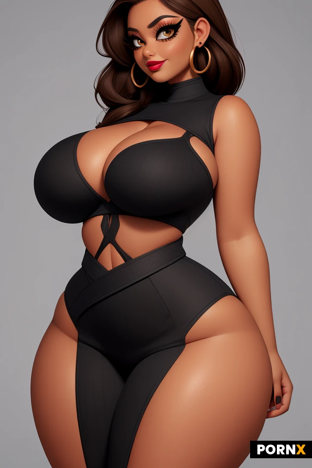 woman, dark skin, light brown hair, lots of makeup, (thick black eyeliner:1.1), (eye shadow:1.1), thick lips, earrings, (curvy:1.5), (thick:1.45), (wide hips:1.5), (enormous breasts:1.425), (narrow waist:1.475), lipstick, (large eyes:1.1), (amber eyes:1.1), ripped clothing, smirk, portrait