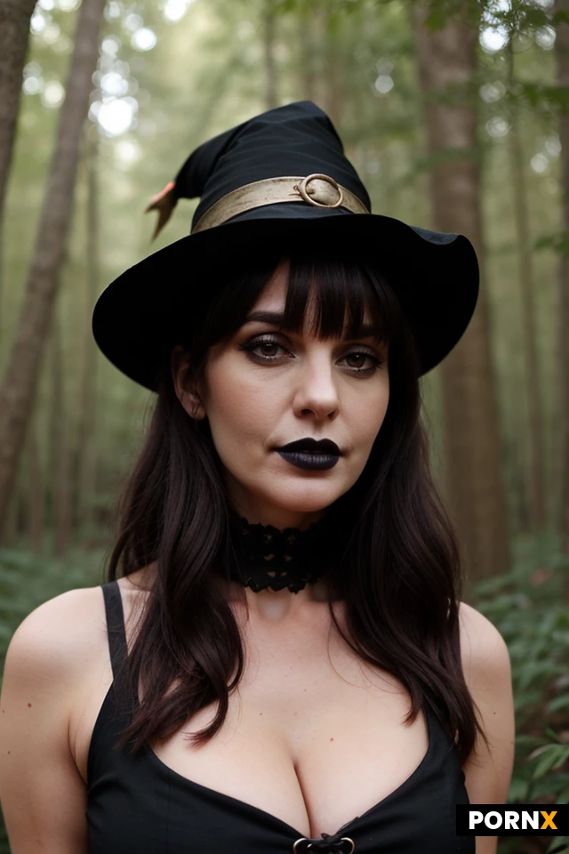 medieval times.MILF.British facial features.37 years old.witch woman.medieval plueberina dress.without hat.busty.Long black hair with bangs.pale skin.black lipstick.in a forest