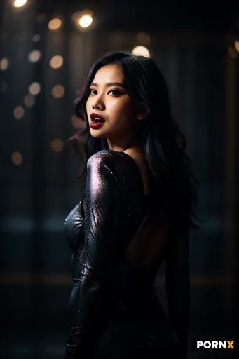 Asian demon standing in a model pose wearing a shimmering blue bodysuit