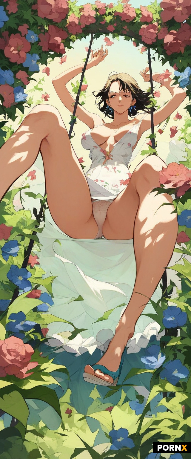 One piece anime style woman sitting on swing in a garden