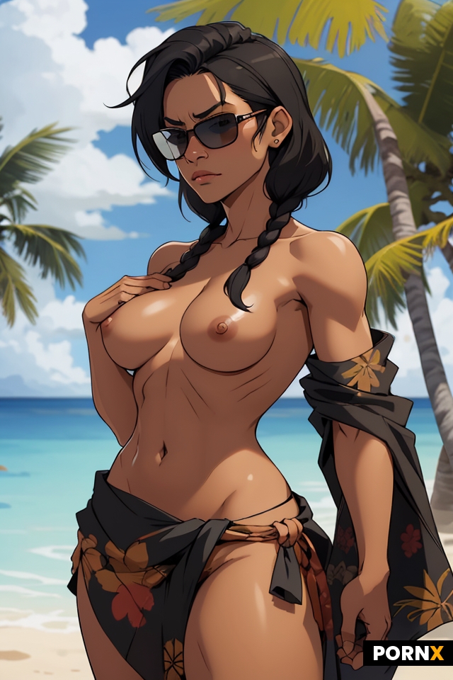 Fit topless Polynesian woman with medium black hair