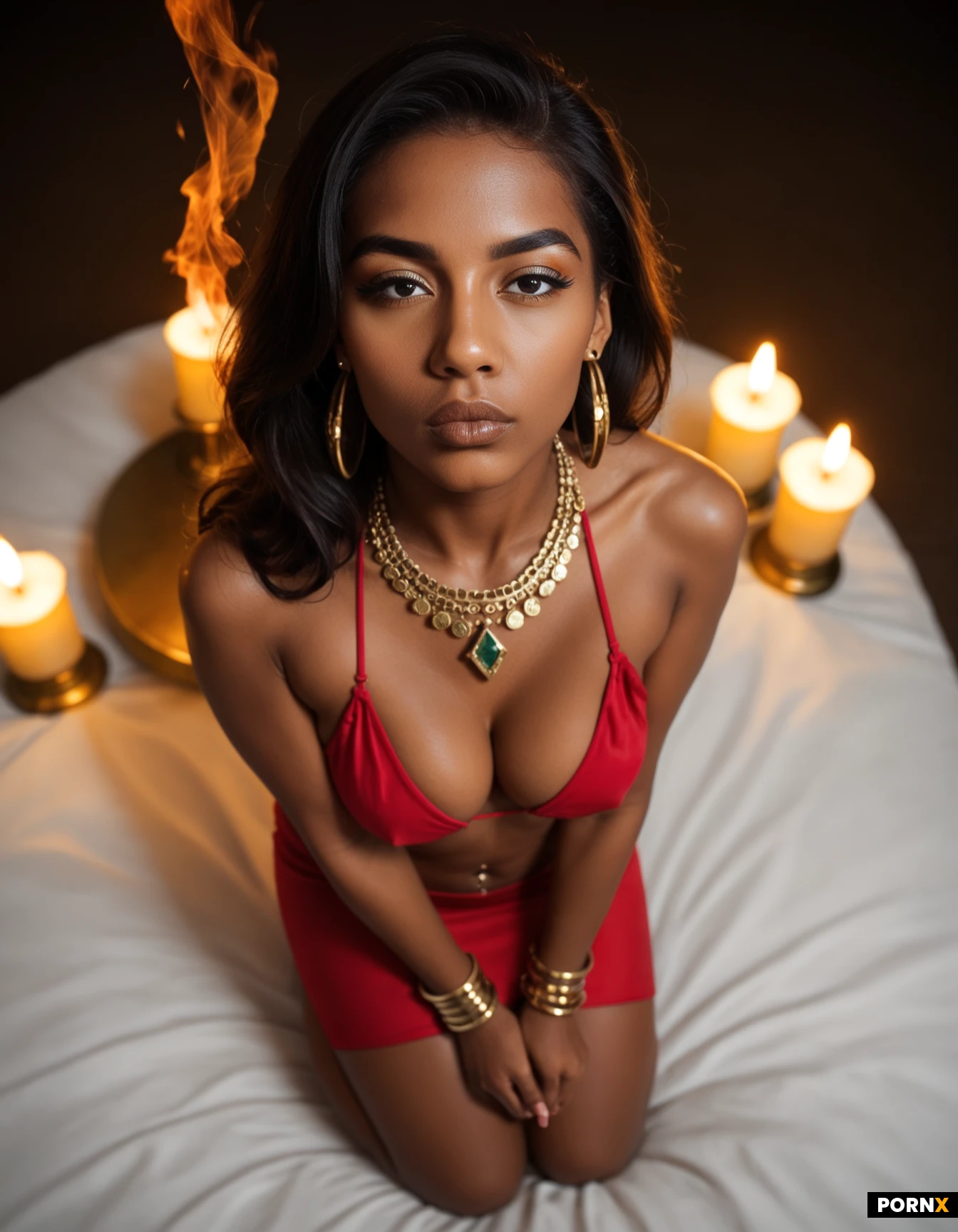 exotic dark skinned asian indian arabian african latina, 19 years old, cute, youthful, gorgeous cascading hair, smoky makeup, round face, rosy puffy cheeks, small mouth,(hyper narrow mouth,hyper round lips:1.2), tight traditional dress style bikini, (flat chest:0.5), (small boobs:1.2), (cleavage:0.7), slim athletic body visible, kneeling, expensive golden bejeweled crown and bracelets and anklets and necklace and earrings, nose and lip and navel piercings, jewel rings, asian indian arabian african palace bedroom, exotic oriental african rugs and pillows, burning incense and golden statues, dramatic candlelight lighting, (view from above, view from front:1.2)