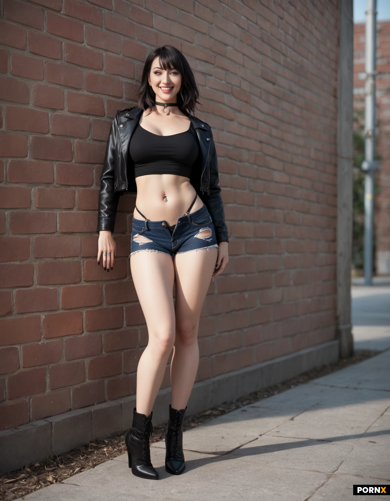 masterpiece, best quality, highres, absurdres, 1girl, 21_years_old, "younger_looking", short_height, light_skin, pale_skin, black_hair, bob_hair, hair_with_bangs, neck_length_hair, blue_eyes, "thick_black_eye_liner", "nose_septum_ring_piercing", "black_lip_stick", smiling, teasing_expression, sticking_out_her_tongue, black_choker, slim_body, large_sized_bust, black_leather_jacket, white_cropped_tshirt, belly_button_piercing, "spade_tattoo_on_her_stomach", black_nail_polish, ripped_denim_shorts, exposed_black_panty_straps, ripped_fishnet_tights, black_heeled_boots, leaning_against_wall, outdoors