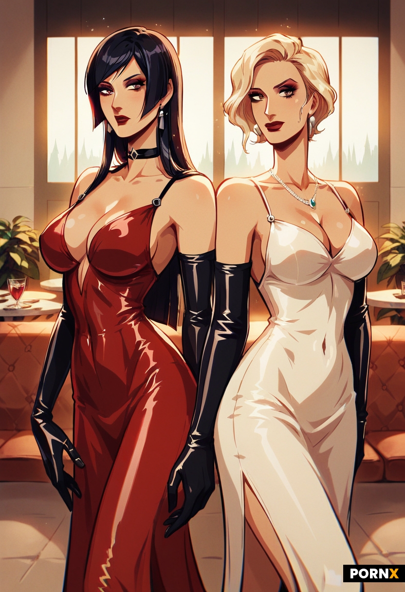 Two stylized busty female characters in a cinematic duo shot