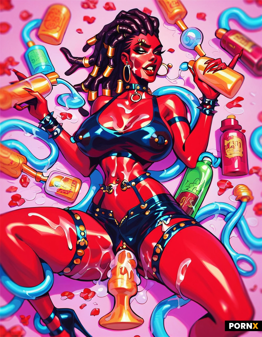 Sex lube banners on the wall with Ebony women happy sexy Ebony dreadlocks glossy red lipstick huge t